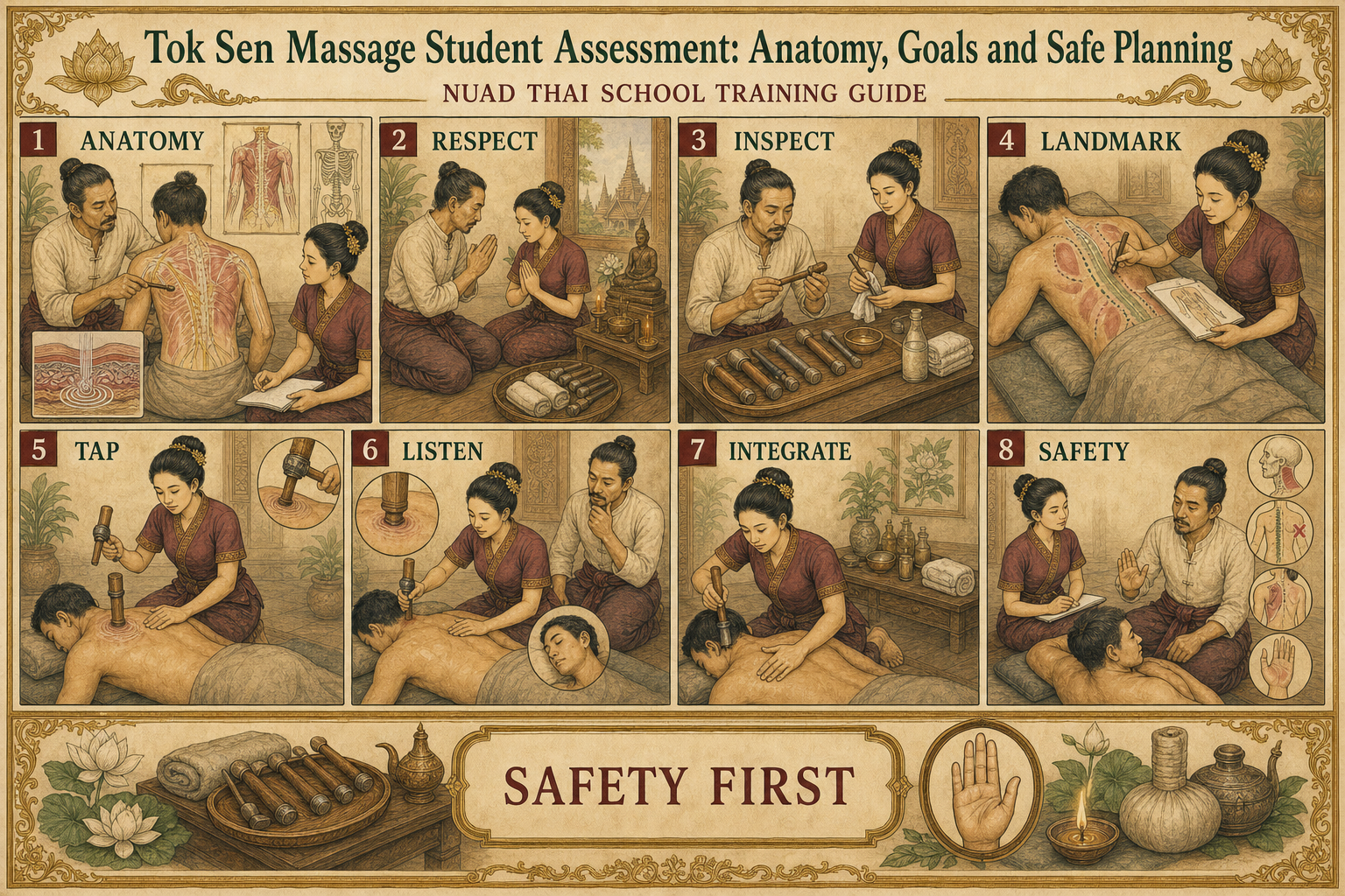 Tok Sen Massage Student Assessment: Anatomy, Goals and Safe Planning infographic for massage students