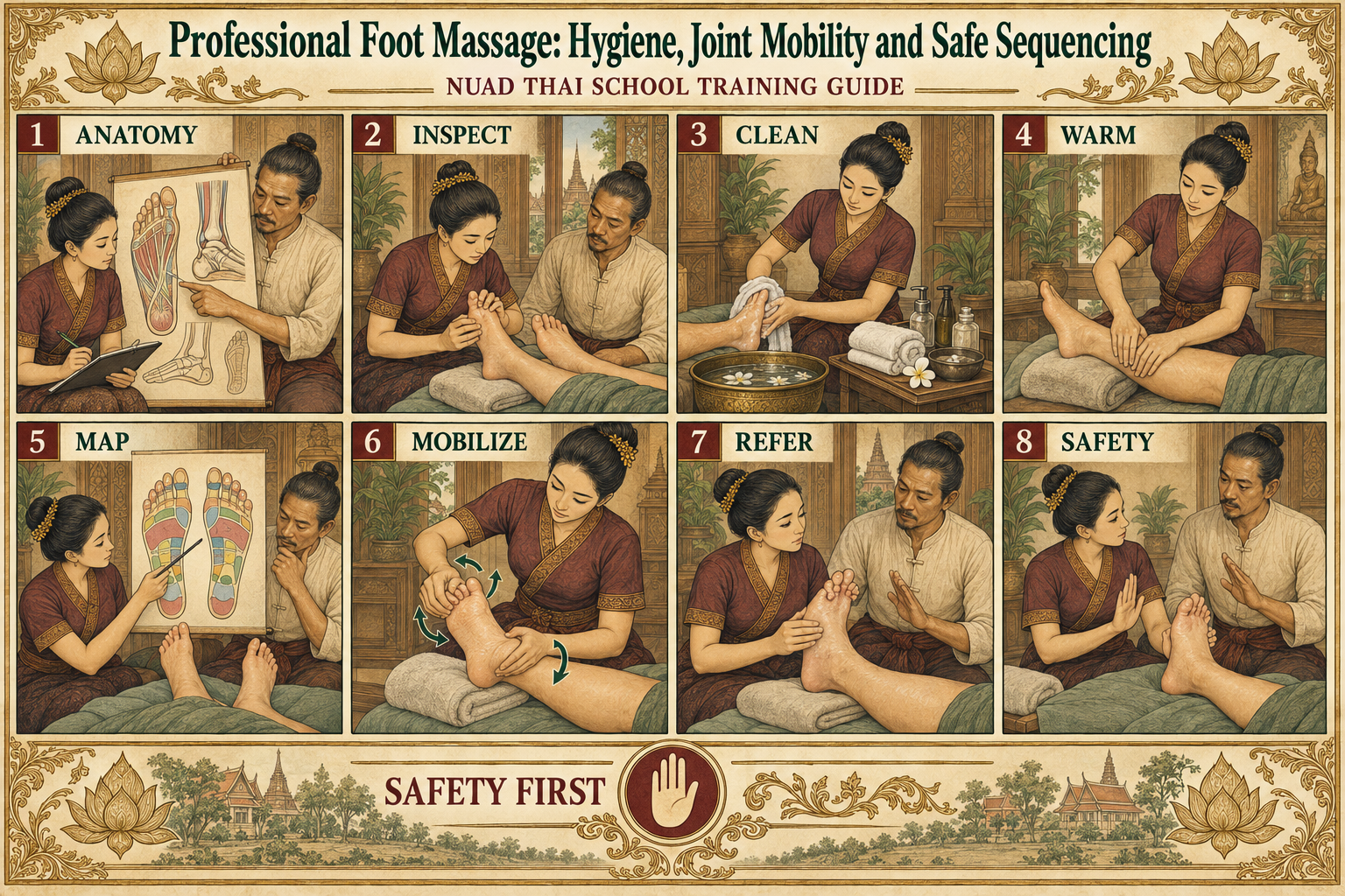 Professional Foot Massage: Hygiene, Joint Mobility and Safe Sequencing infographic for massage students