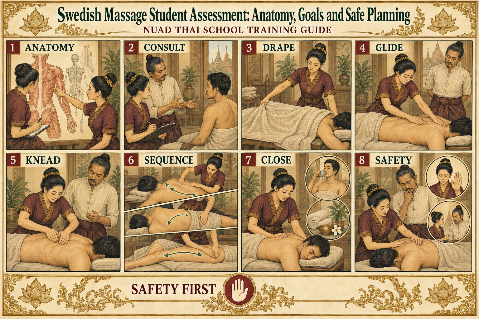 Swedish Massage Student Assessment: Anatomy, Goals and Safe Planning infographic for massage students