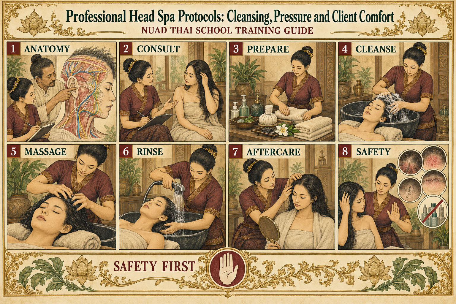 Professional Head Spa Protocols: Cleansing, Pressure and Client Comfort infographic for massage students