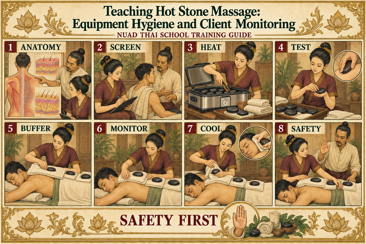 Eight illustrated hot stone training checkpoints: anatomy, screening, heat, testing, buffering, monitoring, cooling and safety