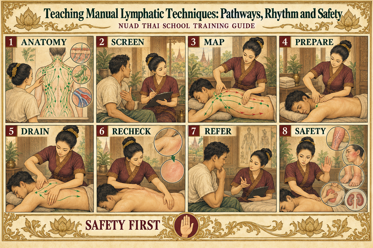 Acht illustrierte Lehrkontrollpunkte für die überwachte Praxis der manuellen Lymphtechnik