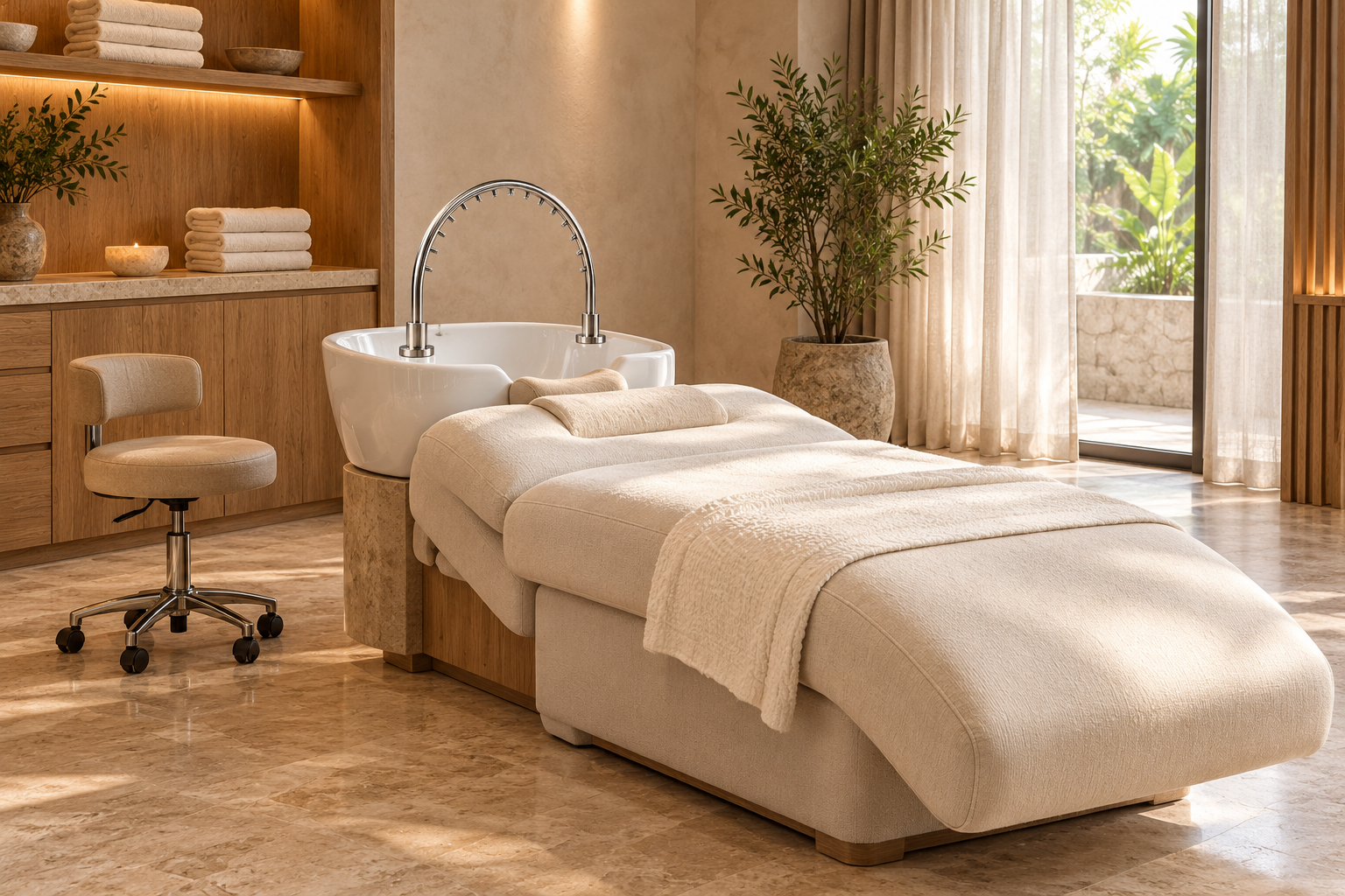 Wasserfallmodul für Head-Spa-Rituale — KI-Illustration