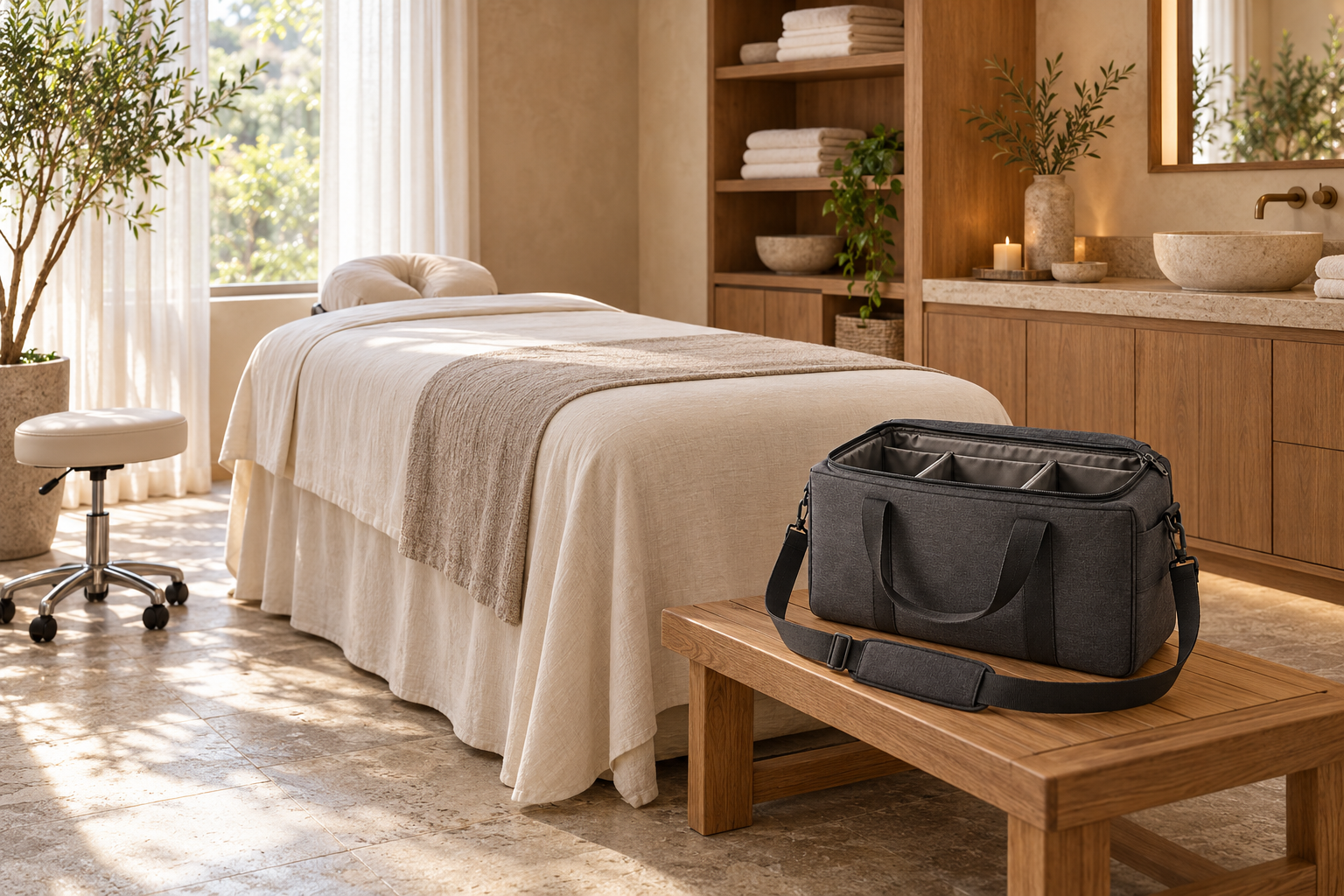Bolsa compartimentada para profesionales de spa a domicilio — Ilustración con IA