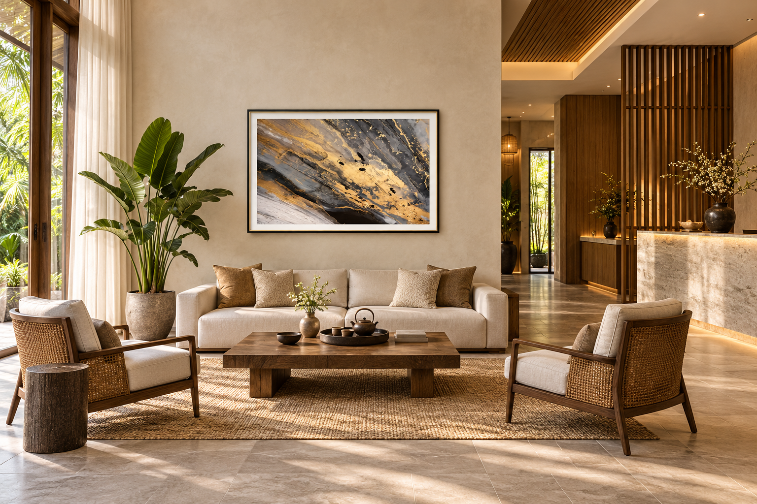 金色与炭灰色抽象画 · 120 × 80 cm — AI 示意图