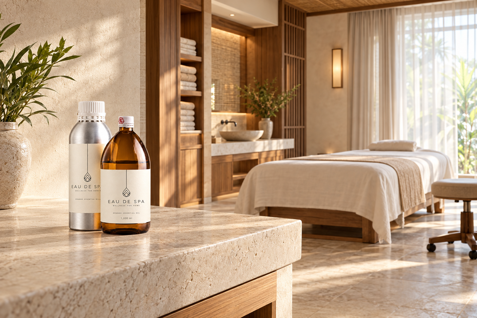 EAU DE SPA — Ätherisches Orangenöl · 1,000 ml — KI-Illustration