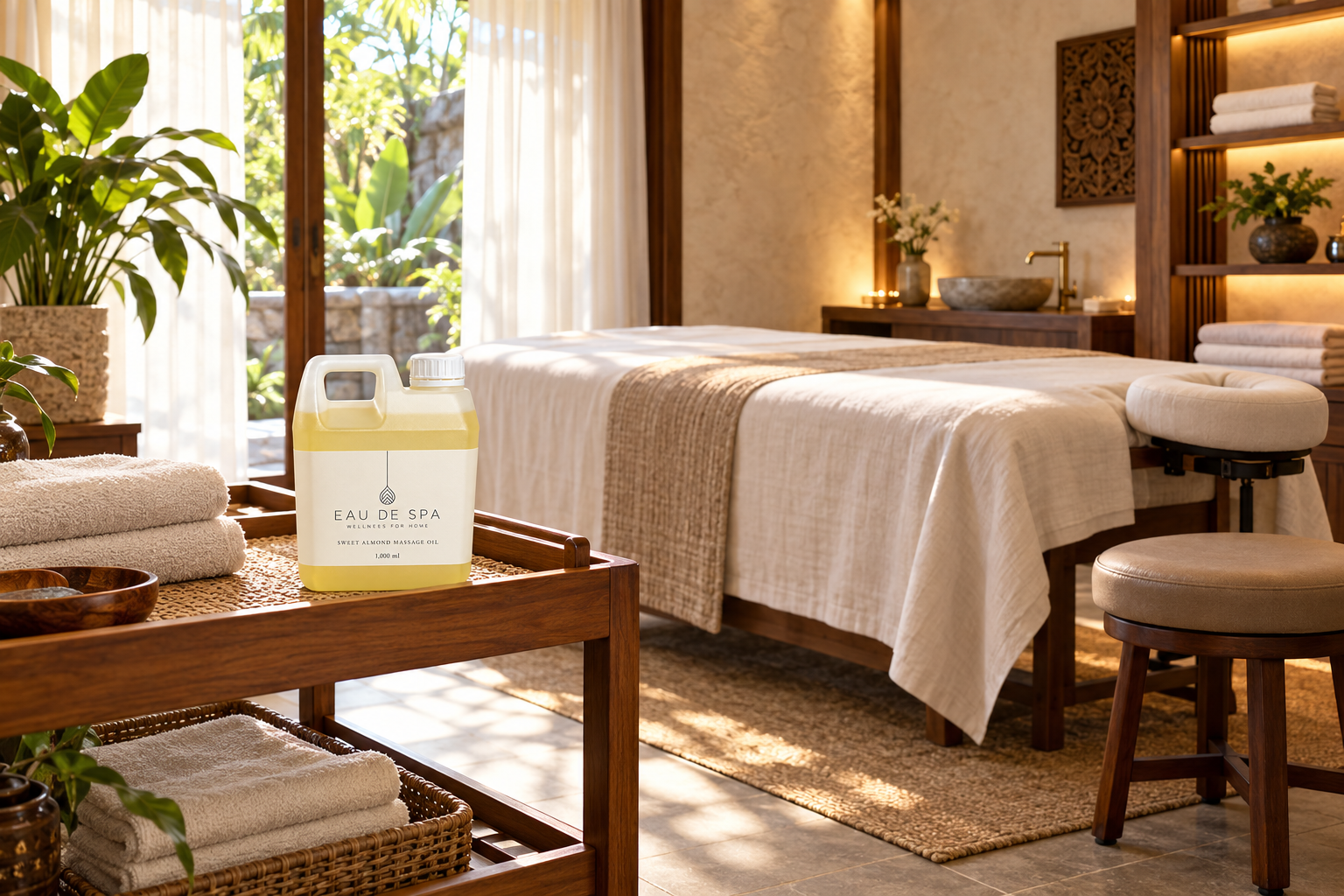 EAU DE SPA — น้ำมันนวดสวีตอัลมอนด์ · 1,000 มล. — ภาพประกอบสร้างด้วย AI