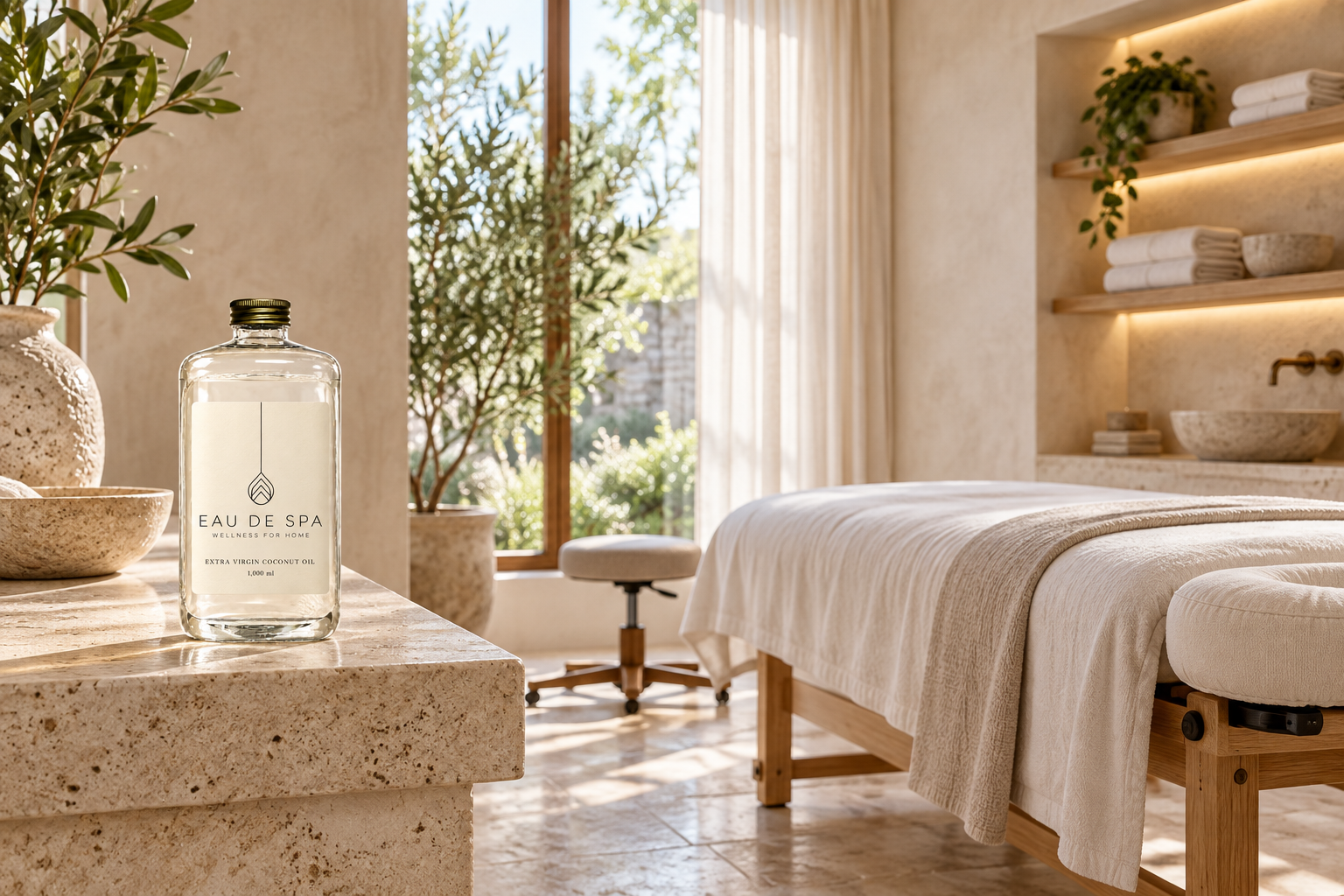 EAU DE SPA — น้ำมันมะพร้าวเอ็กซ์ตร้าเวอร์จินสำหรับผิวกาย · 1,000 มล. — ภาพประกอบสร้างด้วย AI