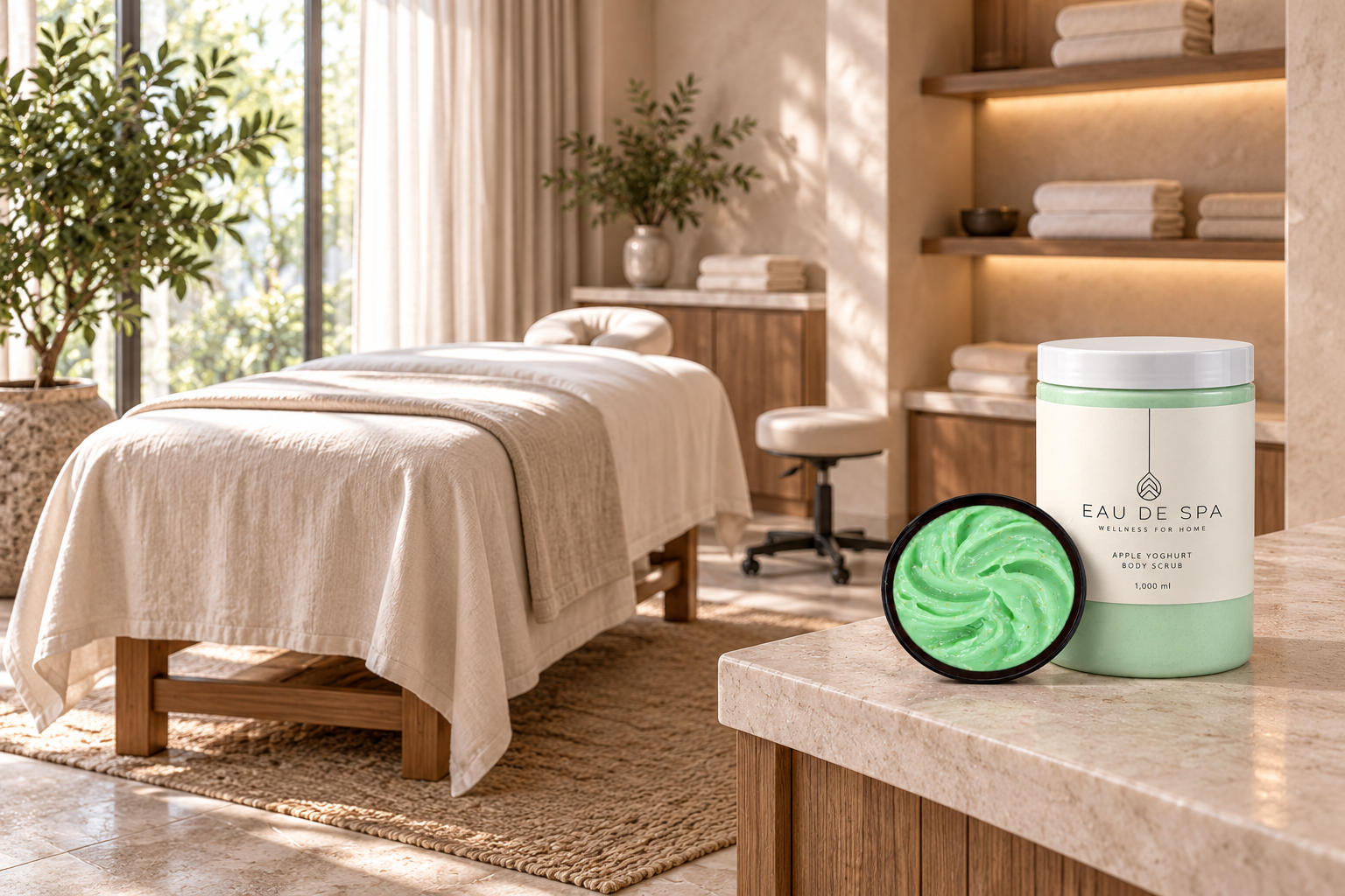 EAU DE SPA — Apfel-Joghurt-Körpercremepeeling · 1,000 ml — KI-Illustration