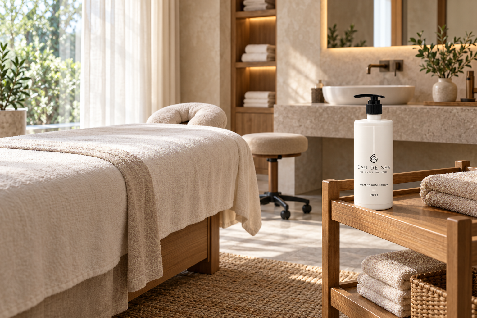EAU DE SPA — 茉莉身体乳 · 1,000 g — AI 示意图