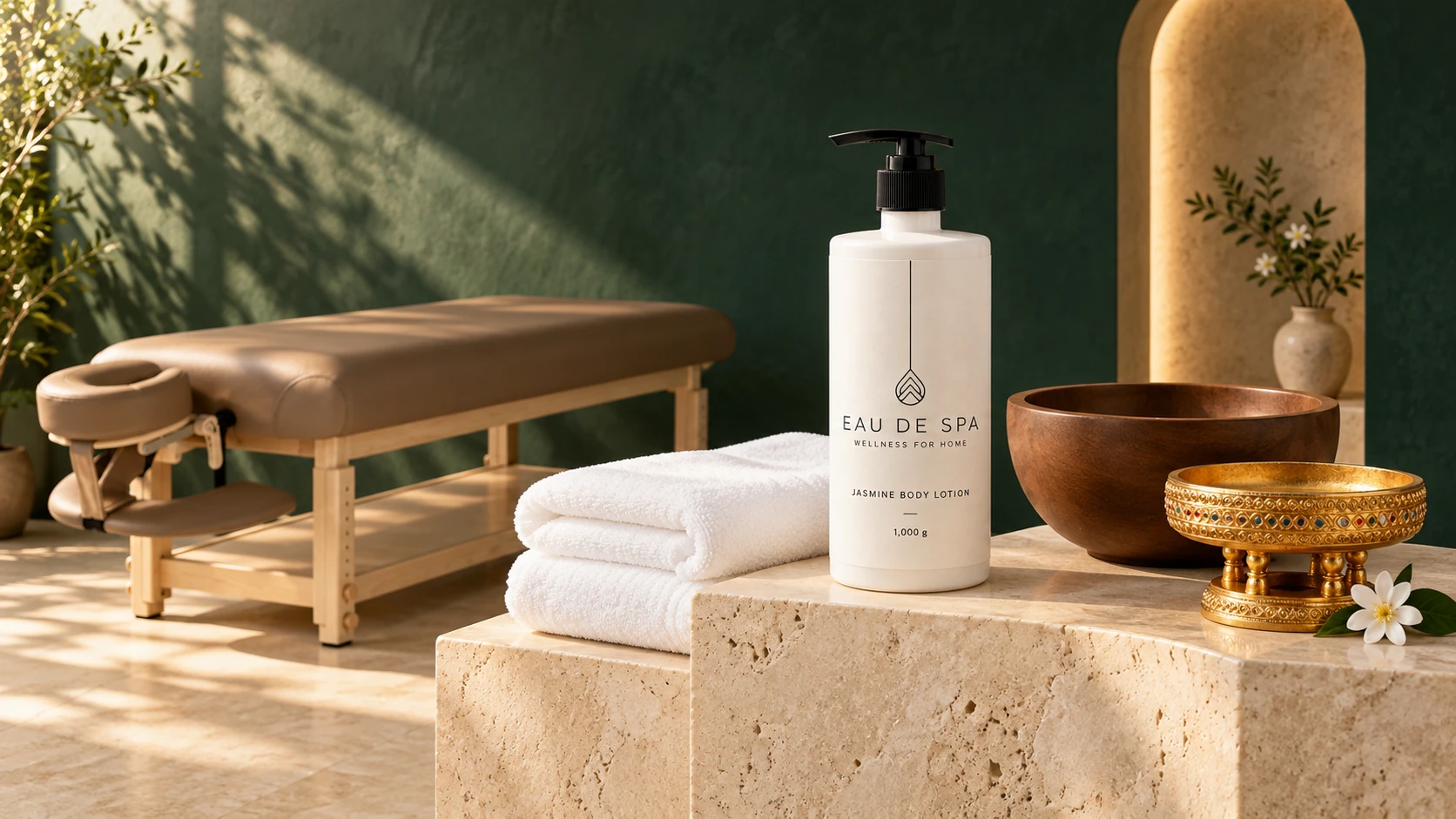 EAU DE SPA care, white towels and Thai spa accessories with a wooden massage table