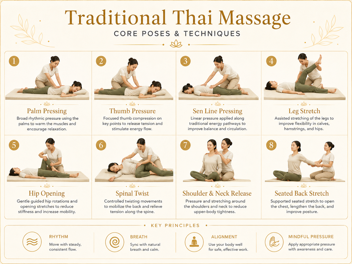 Traditional Thai massage core poses and techniques infographic showing palm pressing, thumb pressure, Sen line pressing, leg stretch, hip opening, spinal twist, shoulder and neck release, seated back stretch, and key principles